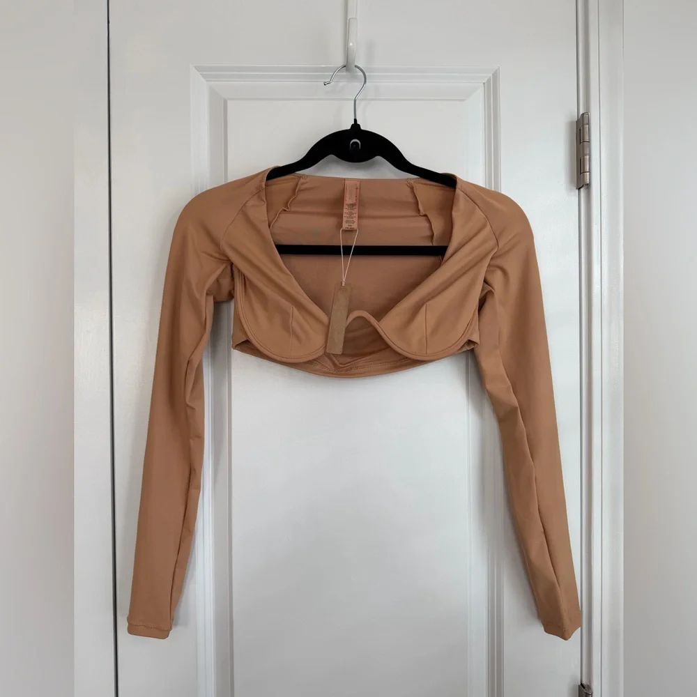 Skims Signature Swim Long Sleeve Underwire Top Almond NWT Size XXS